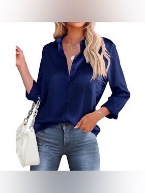 Old Navy Navy Blue Satin Look Button-Down Blouse Classic Office Work Longsleeve